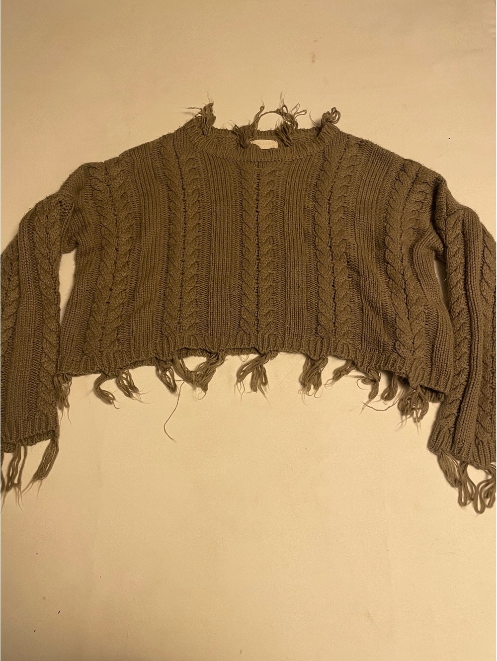 Wild Fable Taupe Cable Knit Cropped Sweater with Frayed Edges